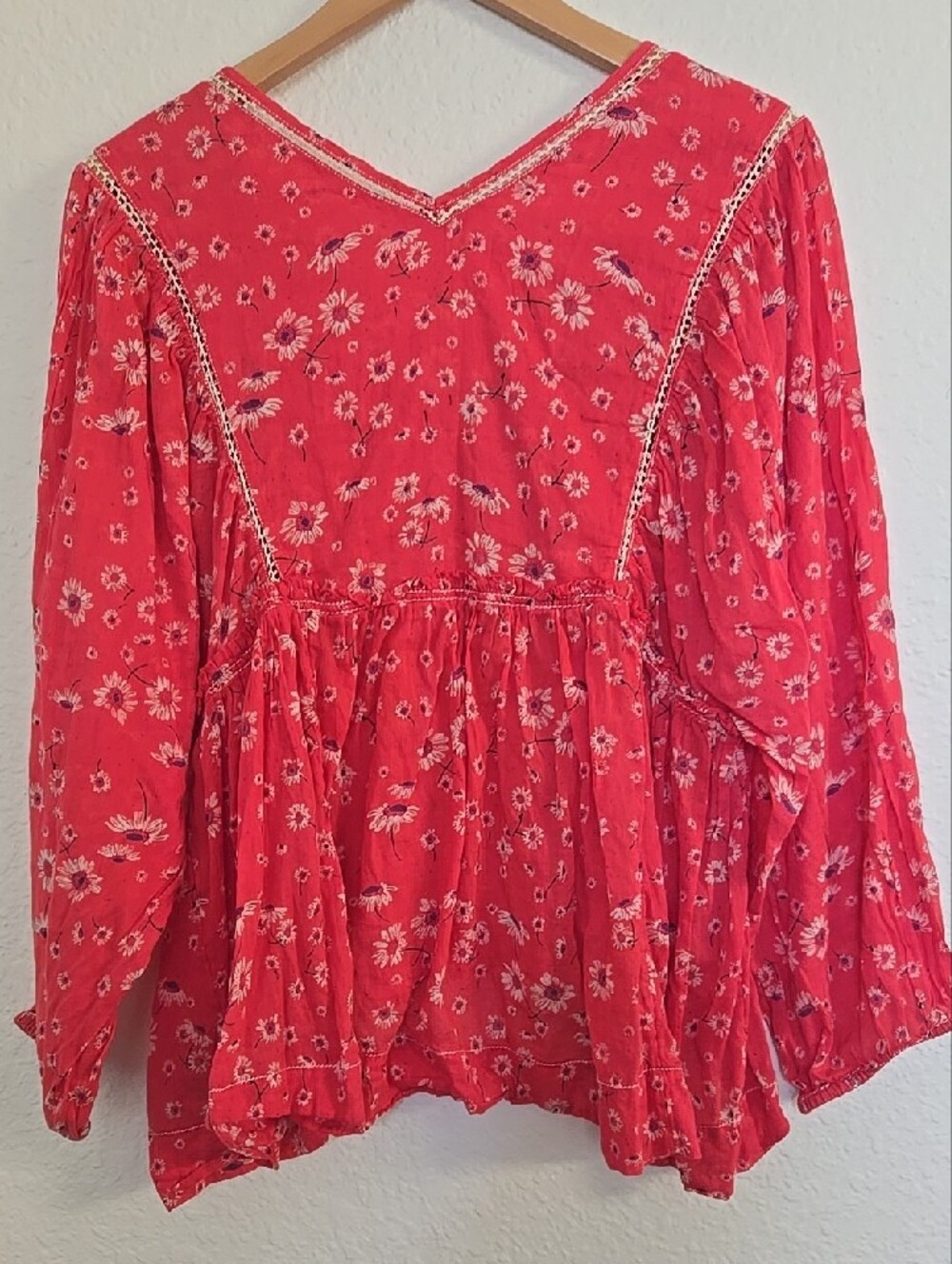 Free People Red Floral Boho Peasant Tunic with Tassel Tie - Picture 7 of 8